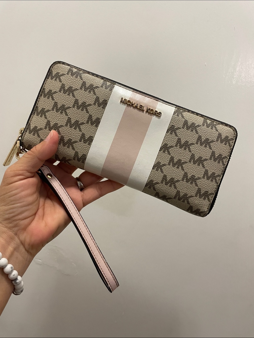 Michael Kors Beige Logo Zip Wallet with Pink & White Center Stripe